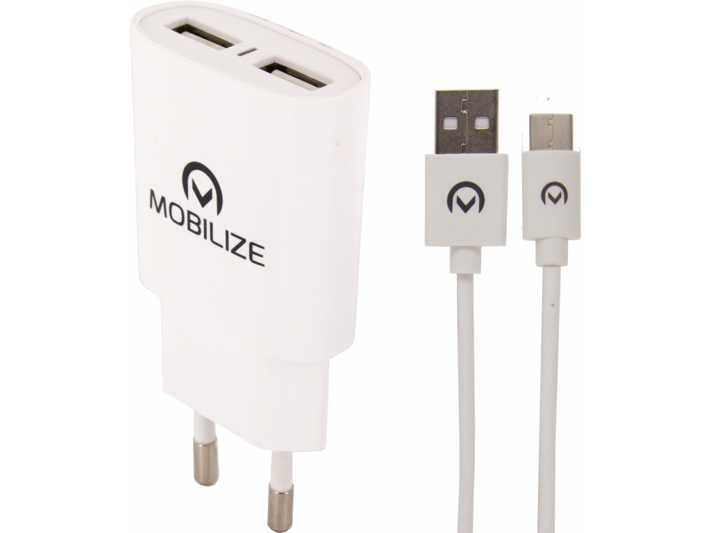 Mobilize Travel Charger Dual USB 2.4A 12W + 1m USB-C Cable White