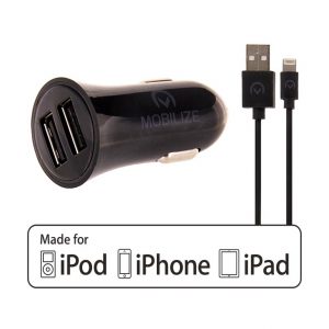 Mobilize Car Charger Dual USB 2.4A 12W + 1m Apple Lightning Cable Black