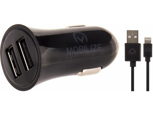 Mobilize Car Charger Dual USB 2.4A 12W + 1m Apple Lightning Cable Black