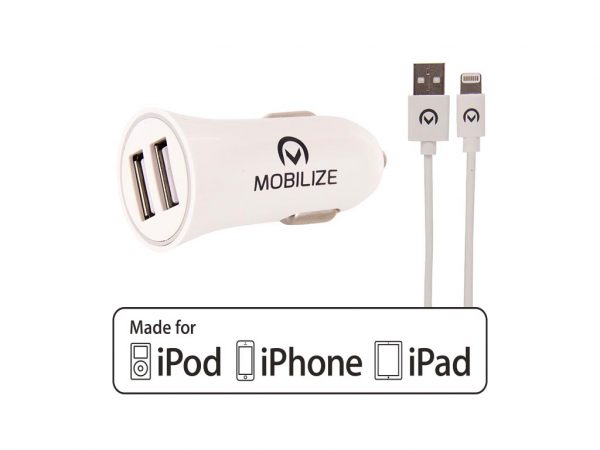 Mobilize Car Charger Dual USB 2.4A 12W + 1m Apple Lightning Cable White