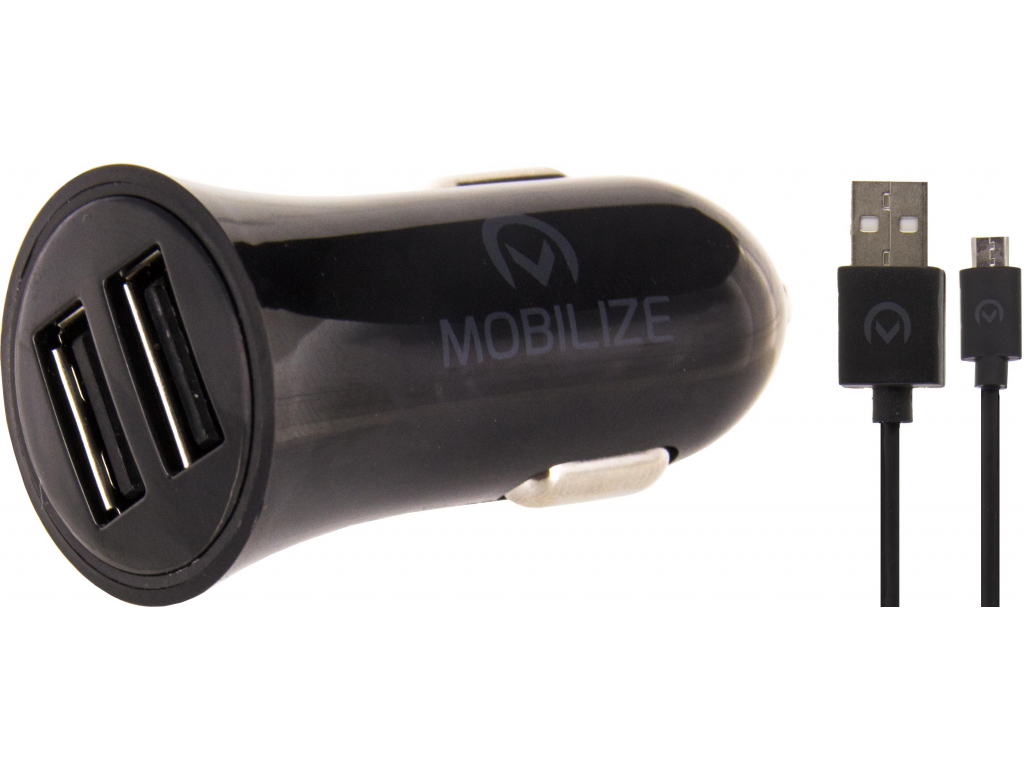 Mobilize Car Charger Dual USB 2.4A 12W + 1m Micro USB Cable Black