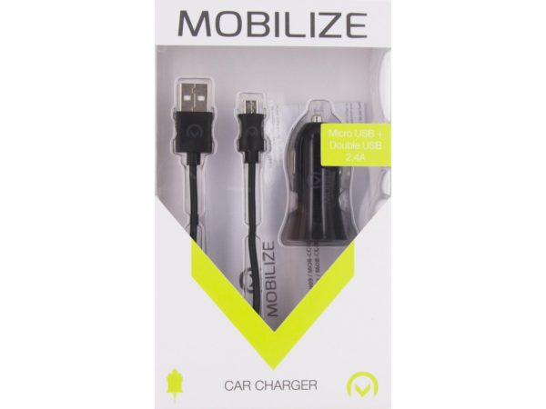 Mobilize Car Charger Dual USB 2.4A 12W + 1m Micro USB Cable Black