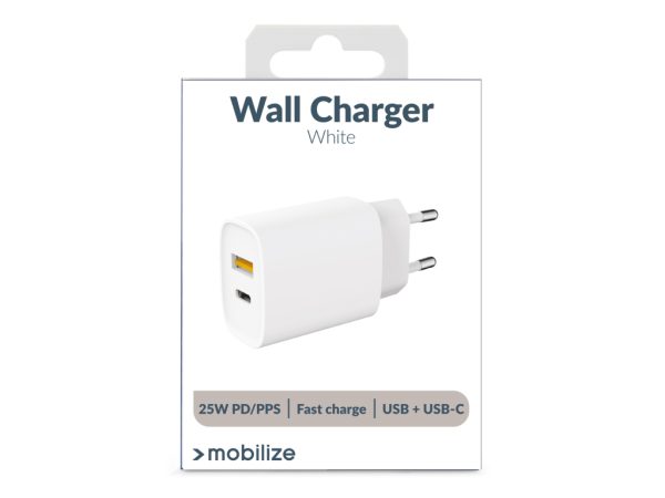 Mobilize Wall Charger USB-C + USB 25W with PD/PPS White