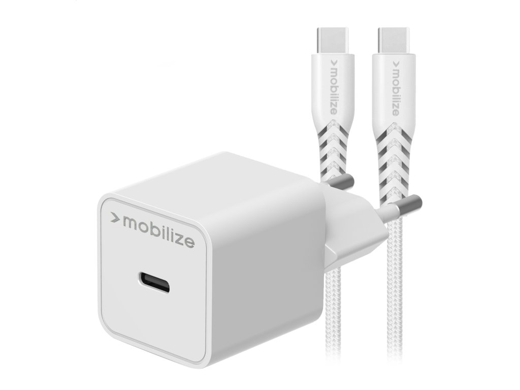 Mobilize Wall Charger USB-C GaN 30W with PD/PPS + USB-C Nylon Cable 1.2m White