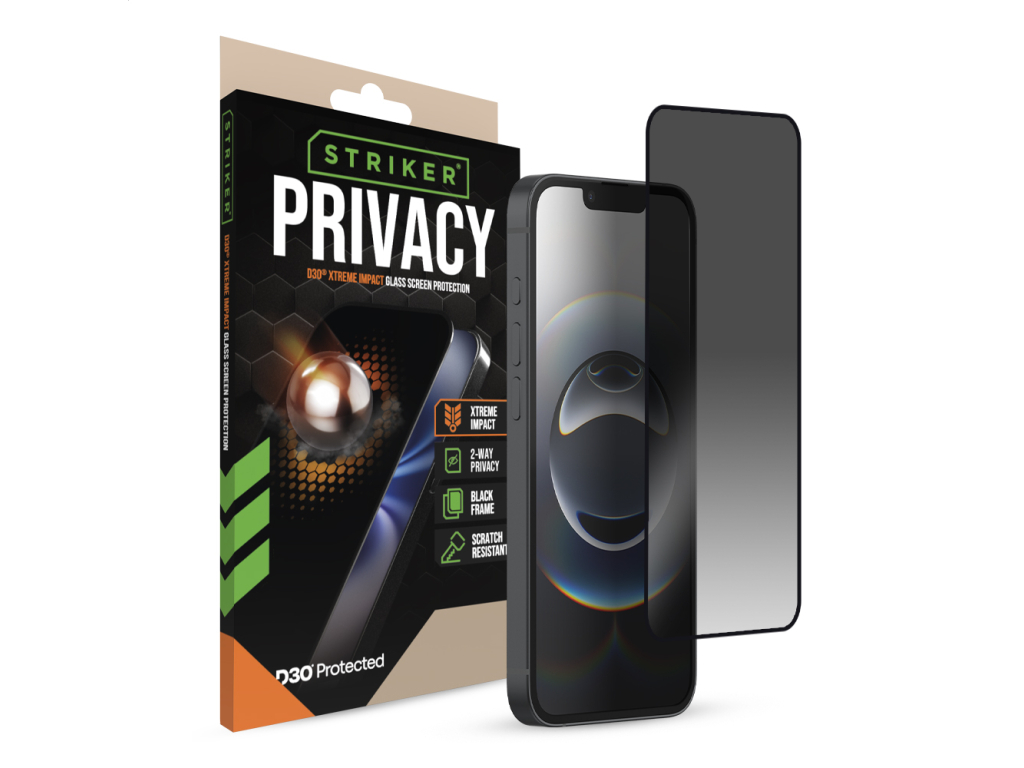 Striker D3O Xtreme Impact Privacy Glass Screen Protector - Black Frame - Apple iPhone 13/13 Pro/14/16e