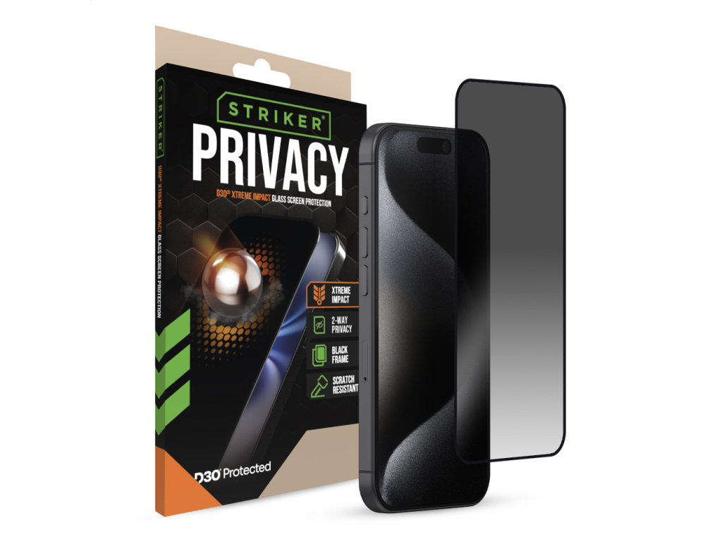 Striker D3O Xtreme Impact Privacy Glass Screen Protector - Black Frame - Apple iPhone 15 Pro