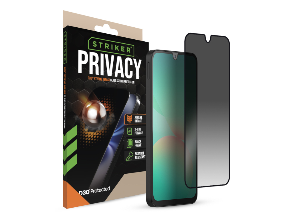 Striker D3O Xtreme Impact Privacy Glass Screen Protector - Black Frame - Samsung Galaxy A16 (4G/5G)/A26 5G
