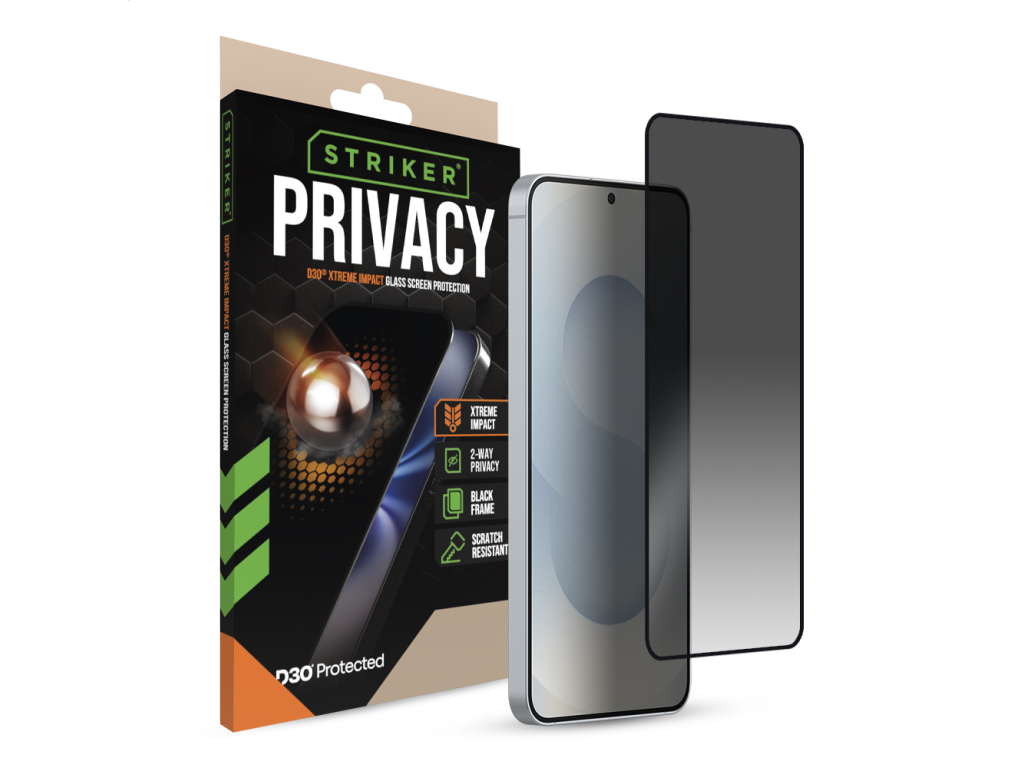 Striker D3O Xtreme Impact Privacy Glass Screen Protector - Black Frame - Samsung Galaxy S24+ 5G/S25+ 5G