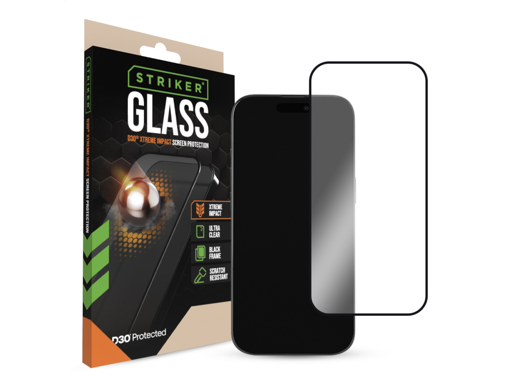 Striker D3O Xtreme Impact Glass Screen Protector - Black Frame - Apple iPhone 16 Pro/17/17 Pro