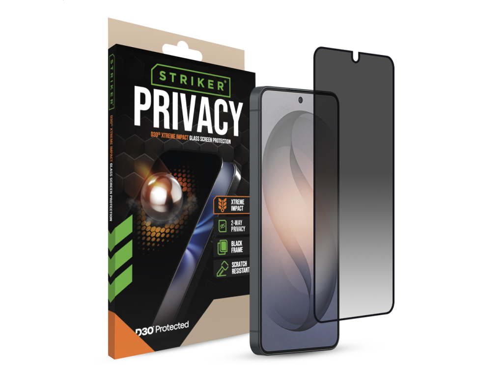 Striker D3O Xtreme Impact Privacy Glass Screen Protector - Black Frame - Samsung Galaxy S26+ 5G